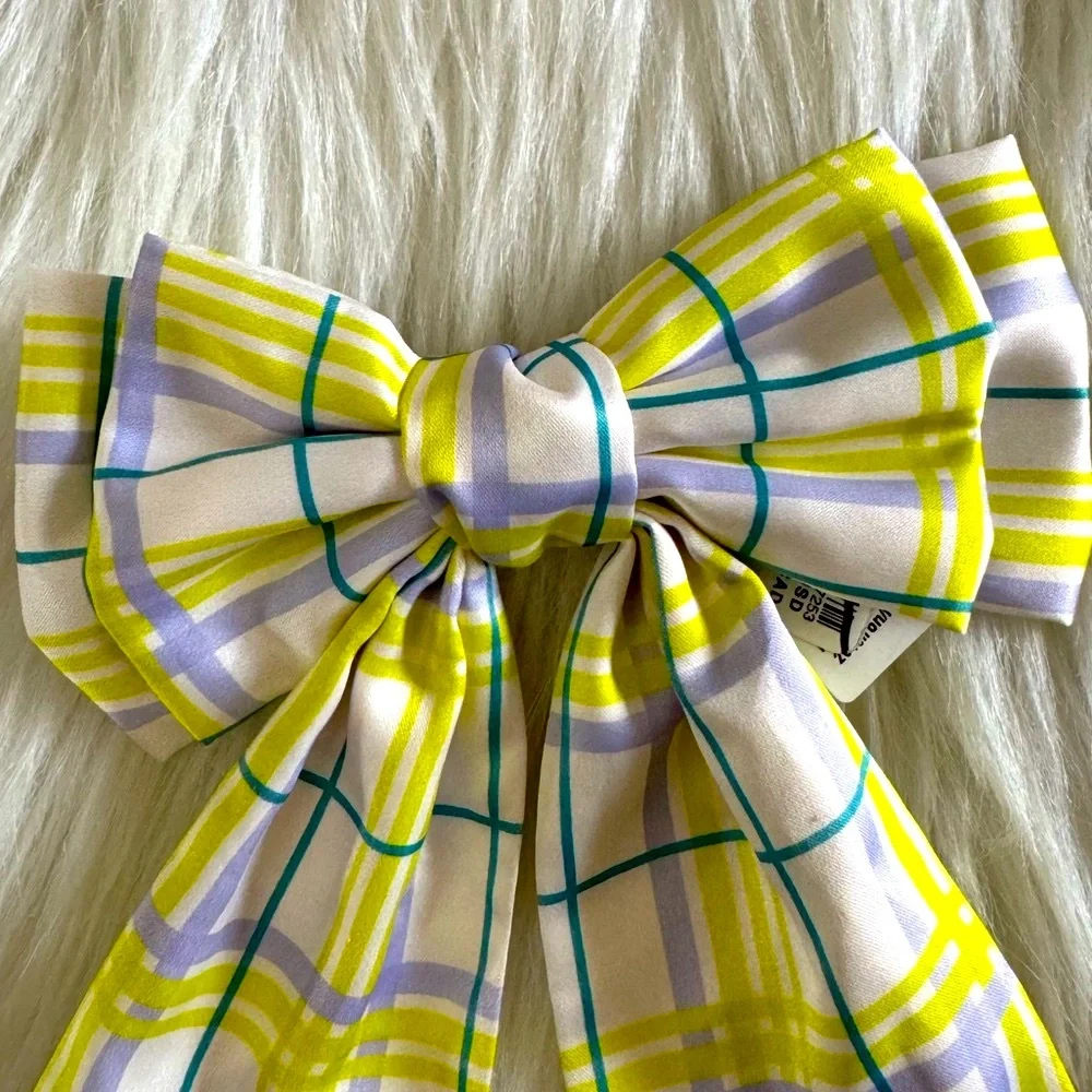 Anthropologie Plaid Patterned Hair Clip Bow NeonYellow Teal & Lavender On White